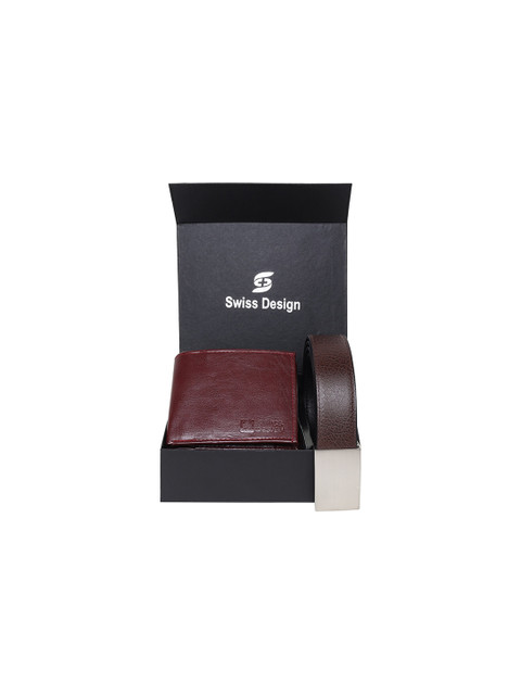 

Swiss Design Red Solid Leather Wallet & Belt Accessory Gift Set