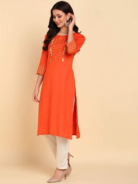 

Bani Women Orange & Red Floral Embroidered Liva Kurta