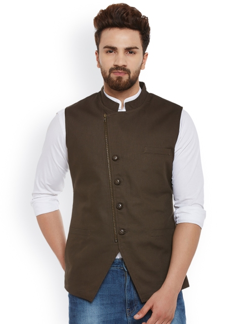 

Hypernation Men Brown Pure Cotton Nehru Jacket