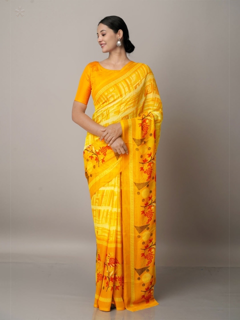

Unnati Silks Yellow & Red Floral Block Print Saree
