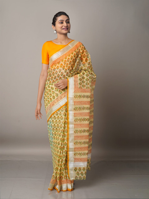 

Unnati Silks Cream-Coloured & Orange Ethnic Motifs Zari Pure Cotton Kota Saree