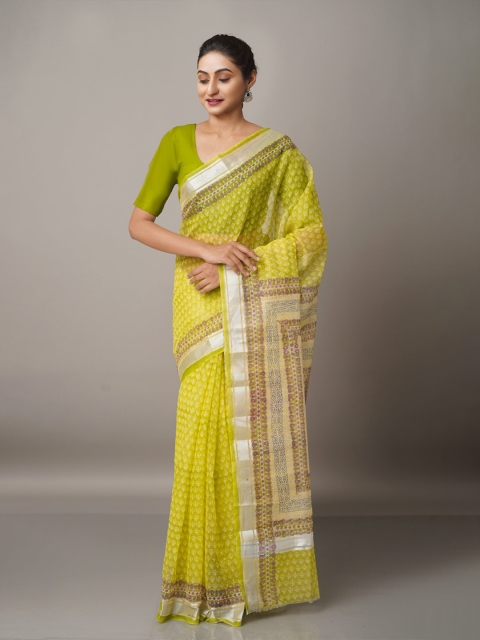 

Unnati Silks Green & Purple Ethnic Motifs Zari Pure Cotton Kota Saree