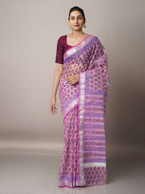 

Unnati Silks Pink & Blue Ethnic Motifs Zari Pure Cotton Kota Saree