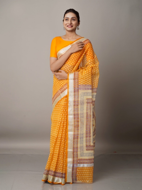 

Unnati Silks Orange & Silver-Toned Ethnic Motifs Zari Pure Cotton Kota Saree