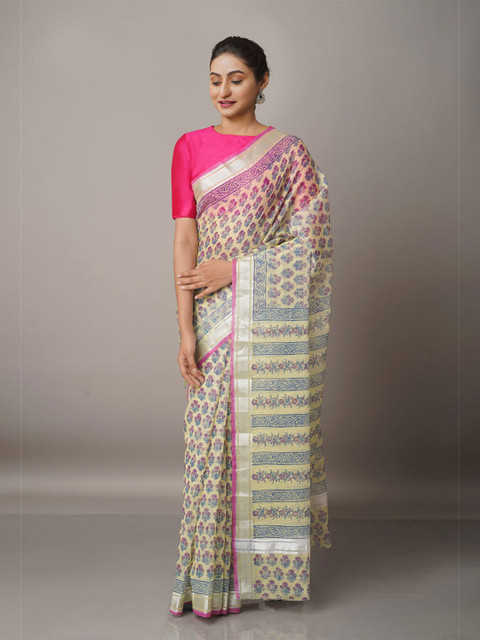 

Unnati Silks Cream-Coloured & Pink Ethnic Motifs Zari Pure Cotton Kota Saree