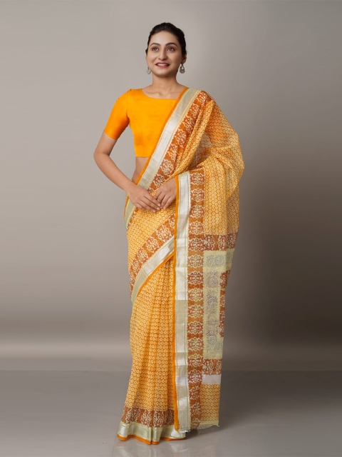 

Unnati Silks Orange & Silver-Toned Floral Zari Pure Cotton Kota Saree