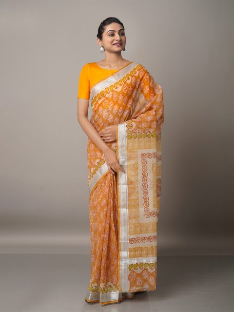 

Unnati Silks Orange & Silver Ethnic Motifs Zari Pure Cotton Kota Saree