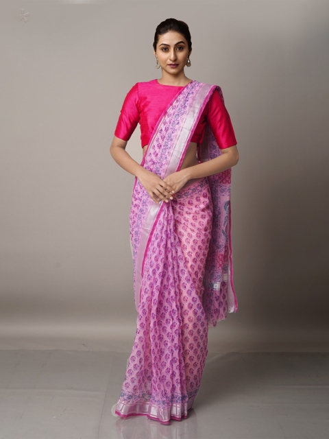 

Unnati Silks Pink & Green Ethnic Motifs Zari Pure Cotton Kota Saree
