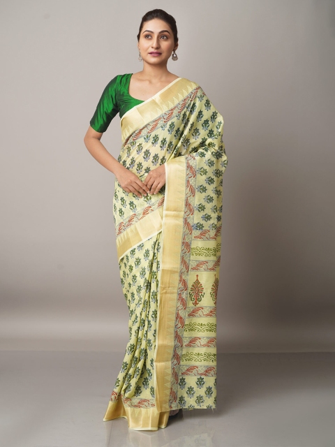 

Unnati Silks Green & Orange Ethnic Motifs Zari Pure Cotton Kota Saree