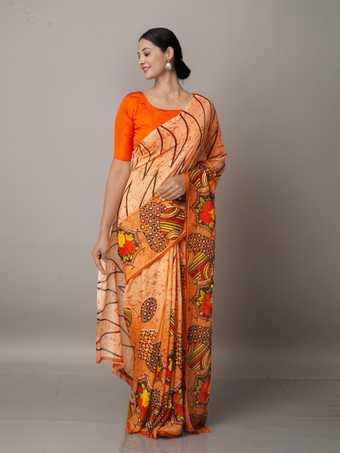 

Unnati Silks Orange & Brown Abstract Block Print Georgette Saree