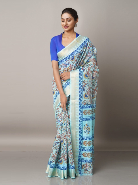 

Unnati Silks Blue & Silver-Toned Floral Zari Pure Cotton Kota Saree