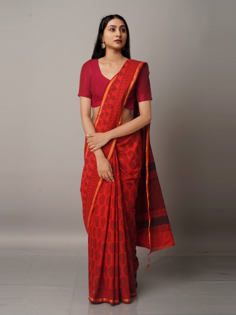 

Unnati Silks Red & Black Bagh Printed Zari Chanderi Cotton Saree