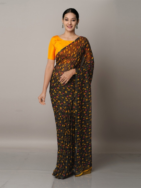 

Unnati Silks Black & Orange Floral Block Print Georgette Saree