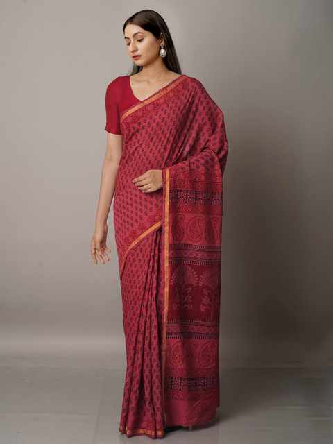 

Unnati Silks Pink & Black Bagh Printed Zari Chanderi Cotton Saree