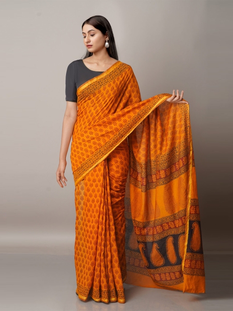 

Unnati Silks Rust & Black Bagh Printed Zari Chanderi Cotton Saree