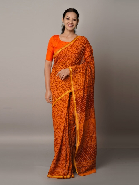 

Unnati Silks Orange & Gold-Toned Bagh Printed Zari Chanderi Cotton Saree