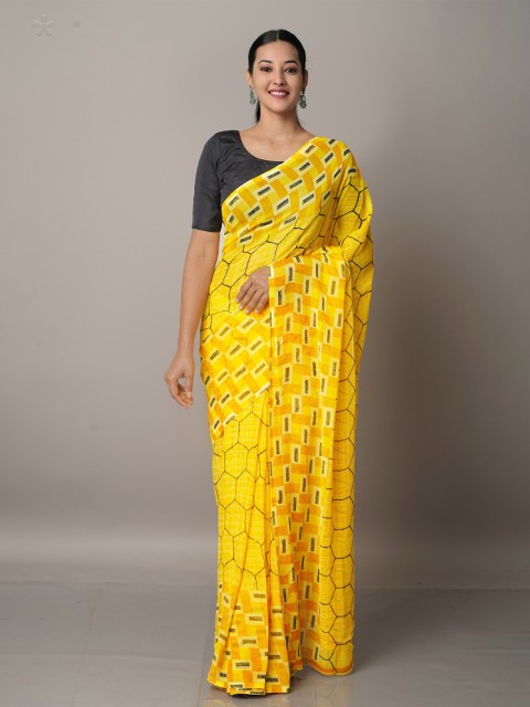 

Unnati Silks Yellow & Black Geometric Print Georgette Saree