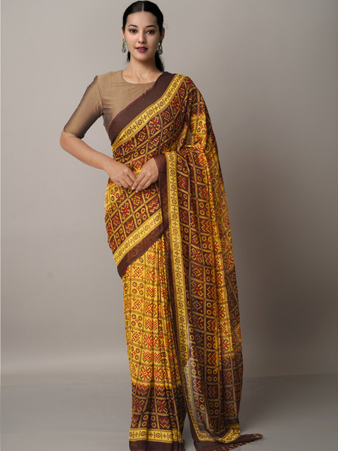 

Unnati Silks Yellow & Red Bandhani Block Print Georgette Saree