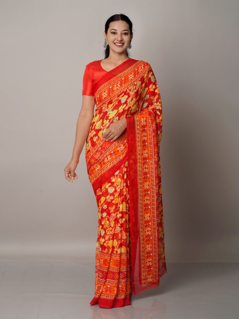 

Unnati Silks Red & Orange Floral Block Print Georgette Saree