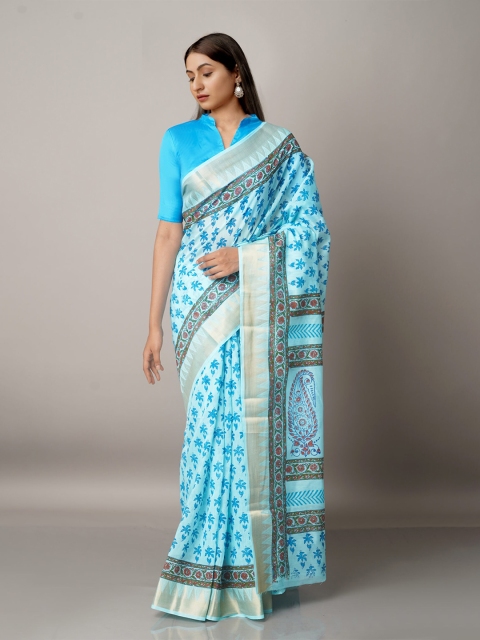 

Unnati Silks Blue and Silver-Toned Floral Zari Pure Cotton Kota Handloom Saree