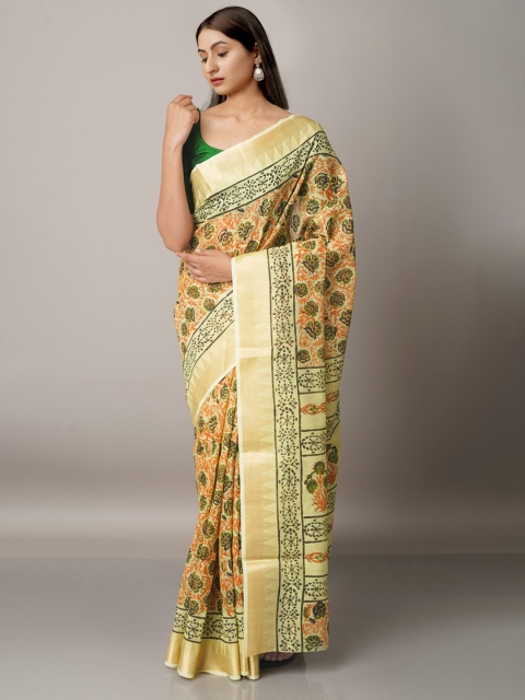 

Unnati Silks Green and Gold-Toned Ethnic Motifs Printed Zari Pure Cotton Kota Saree