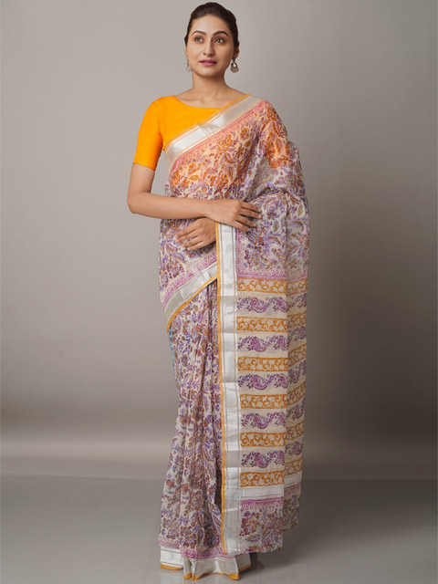 

Unnati Silks Cream-Coloured and Yellow Floral Zari Pure Cotton Kota Handloom Saree