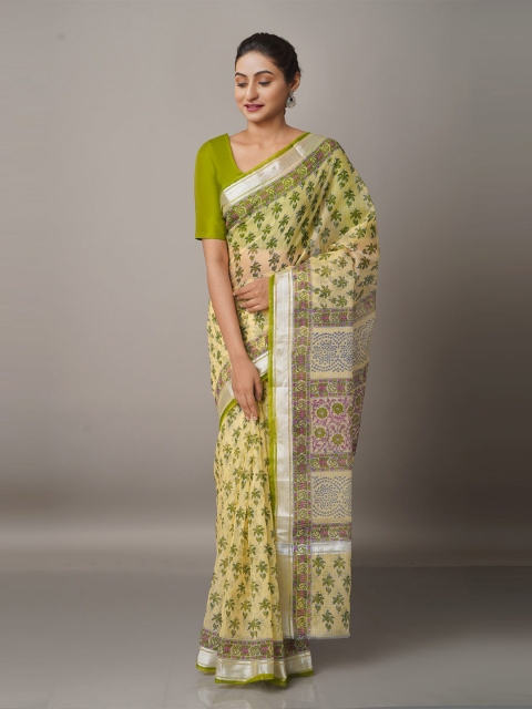 

Unnati Silks Cream-Coloured and Green Floral Zari Pure Cotton Kota Handloom Saree