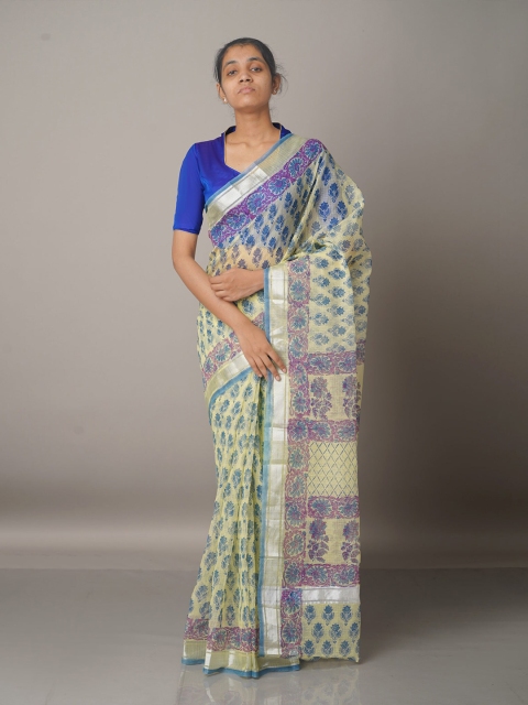 

Unnati Silks Cream & Silver-Toned Floral Zari Pure Cotton Kota Handloom Sustainable Saree