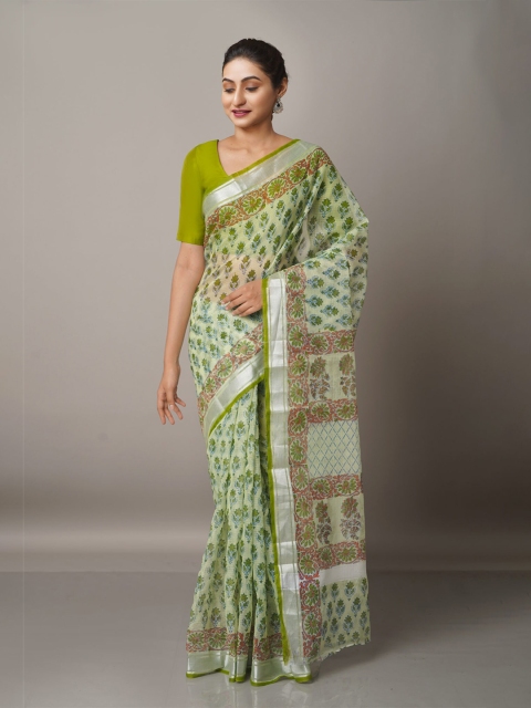 

Unnati Silks Green & Brown Ethnic Motifs Block Printed Pure Cotton Kota Saree