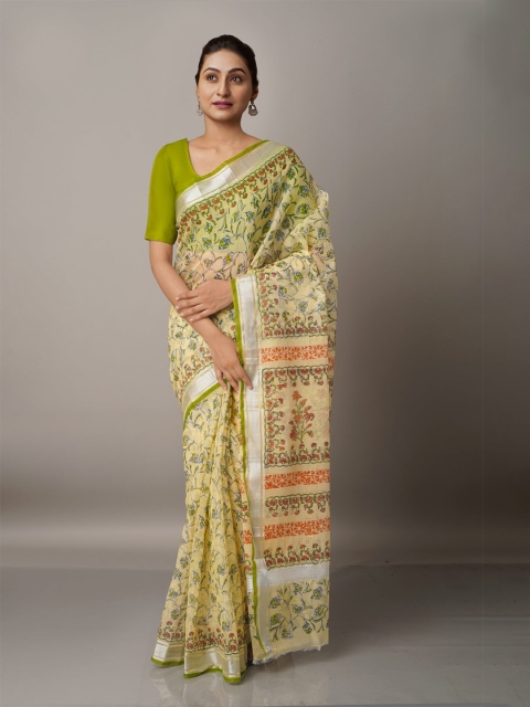 

Unnati Silks Cream-Coloured & Green Floral Block Printed Pure Cotton Kota Saree