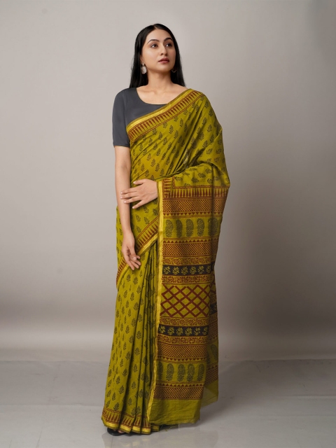 

Unnati Silks Green & Brown Bagh Printed Chanderi Saree
