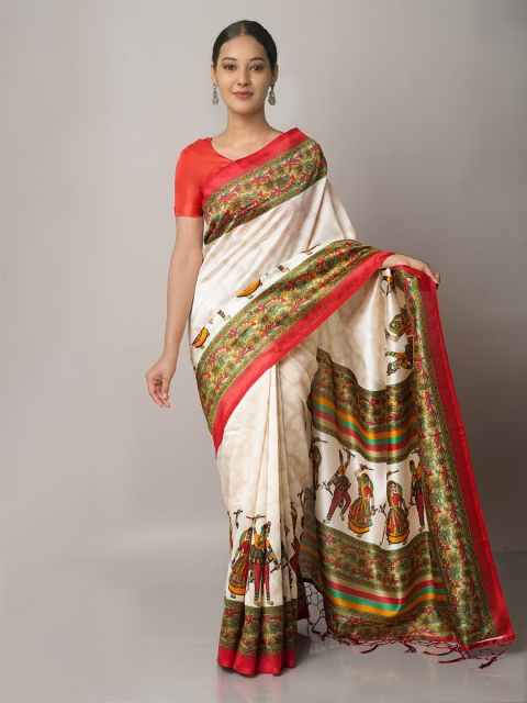 

Unnati Silks Cream-Coloured & Orange Ethnic Motifs Block Printed Art Silk Saree