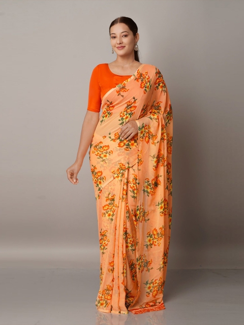 

Unnati Silks Orange & Red Floral Block Printed Georgette Saree