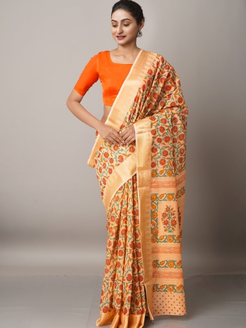 

Unnati Silks Orange & Gold-Toned Floral Block Printed Pure Cotton Kota Saree
