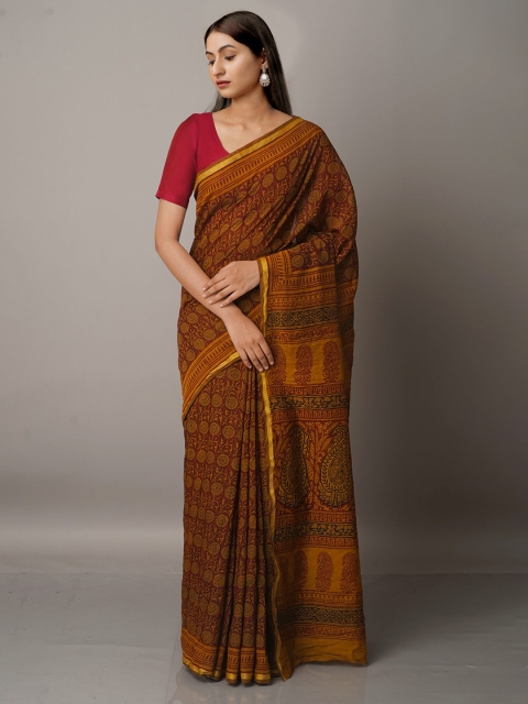 

Unnati Silks Maroon & Yellow Chanderi Bagh Printed Cotton Saree