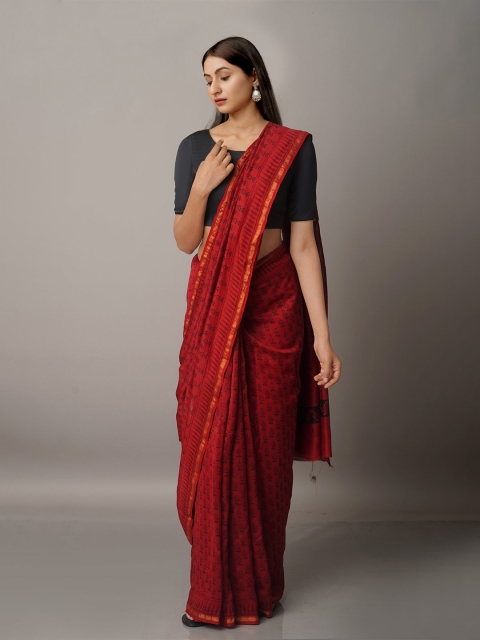 

Unnati Silks Red & Black Chanderi Bagh Printed Cotton Saree