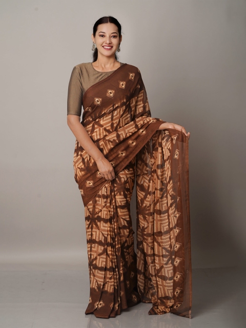 

Unnati Silks Brown & Beige Block Printed Georgette Saree