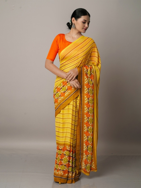 

Unnati Silks Yellow & Green Striped Block Print Georgette Saree