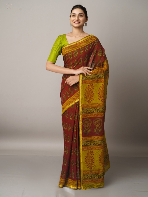 

Unnati Silks Maroon & Green Chanderi Bagh Printed Cotton Saree