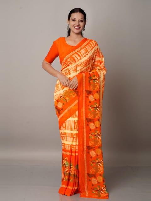 

Unnati Silks Orange & Green Floral Block Print Georgette Saree