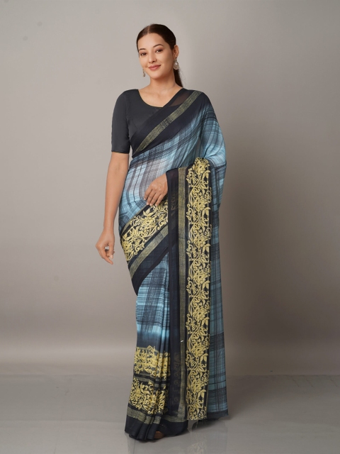 

Unnati Silks Blue & Yellow Checked Block Printed Georgette Saree