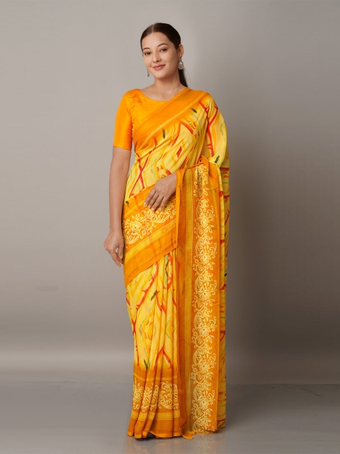 

Unnati Silks Yellow & Pink Printed Georgette Block Printed Saree