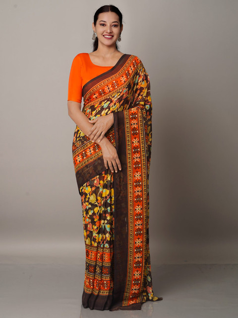 

Unnati Silks Coffee Brown & Orange Block Printed Georgette Saree