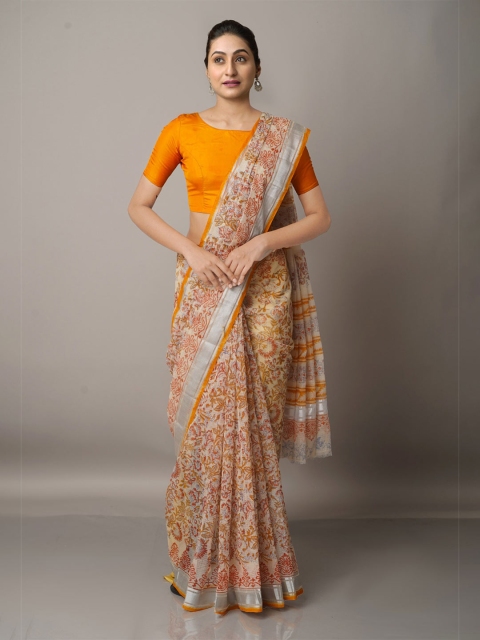

Unnati Silks Cream & Brown Block Printed Zari Pure Cotton Kota Saree