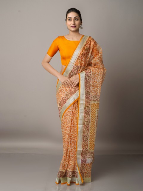 

Unnati Silks Orange & Brown Block Printed Zari Pure Cotton Kota Saree