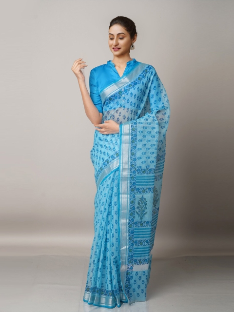 

Unnati Silks Blue & Silver Block Printed Zari Pure Cotton Kota Saree