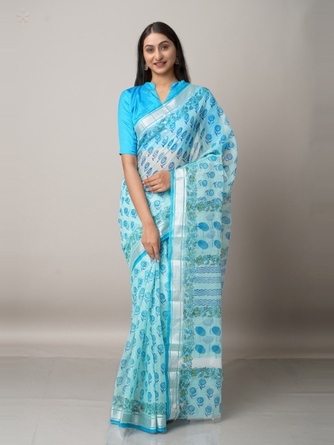 

Unnati Silks Blue & Silver Block Printed Zari Pure Cotton Kota Saree