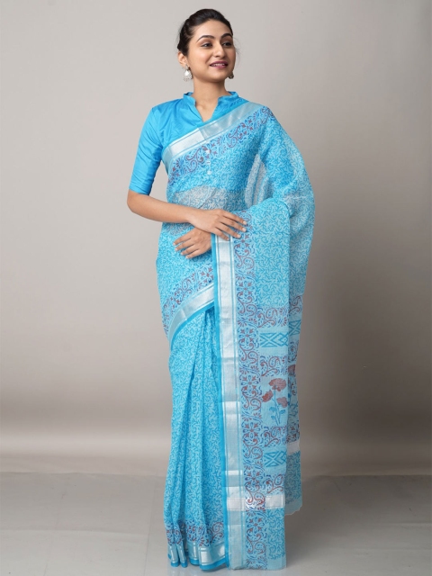 

Unnati Silks Blue & Silver Block Printed Zari Pure Cotton Kota Saree