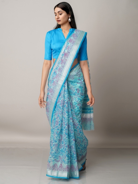 

Unnati Silks Blue & Purple Block Printed Zari Pure Cotton Kota Saree