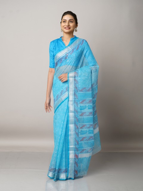 

Unnati Silks Blue & Silver Block Printed Zari Pure Cotton Kota Saree